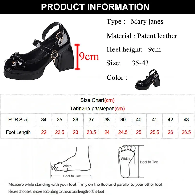 Punk Heart Buckle High Heels Pumps Women 2024 Spring Y2K Black Chunky Platform Lolita Shoes Woman Bowtie Thick Heel Gothic Shoes