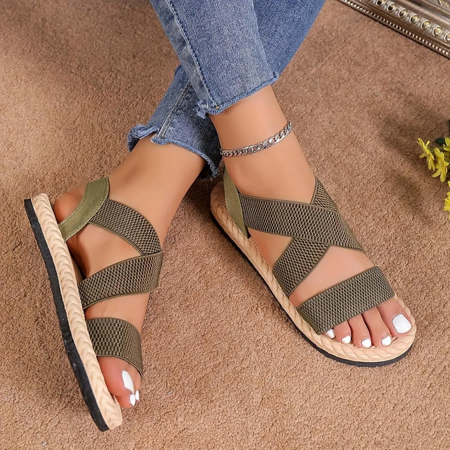 Sandals for Women Elastic Ankle Strap Sandals Vacation Comfortable Flat Sandals Summer Beach Open Toe Shoes