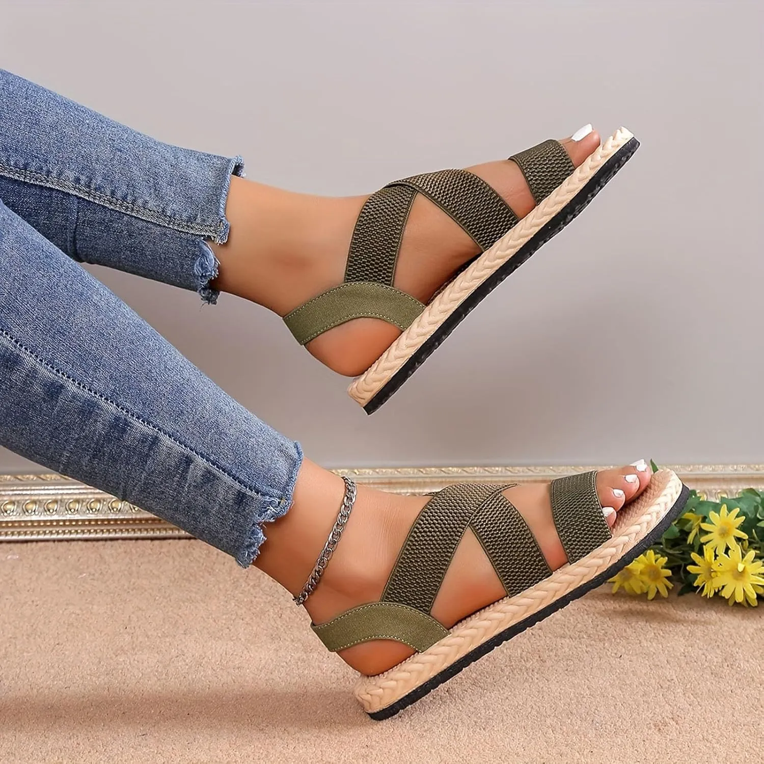 Sandals for Women Elastic Ankle Strap Sandals Vacation Comfortable Flat Sandals Summer Beach Open Toe Shoes
