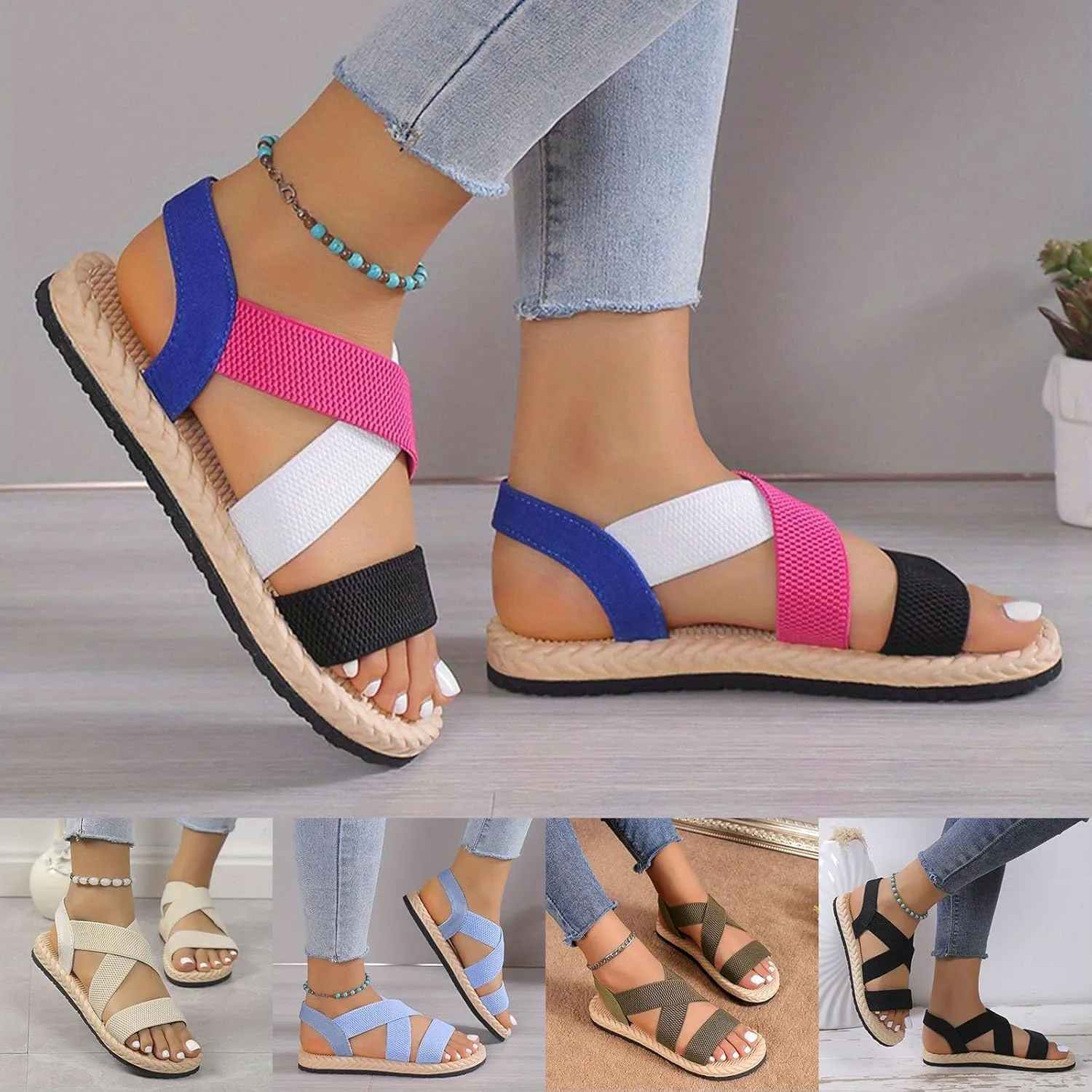 Sandals for Women Elastic Ankle Strap Sandals Vacation Comfortable Flat Sandals Summer Beach Open Toe Shoes