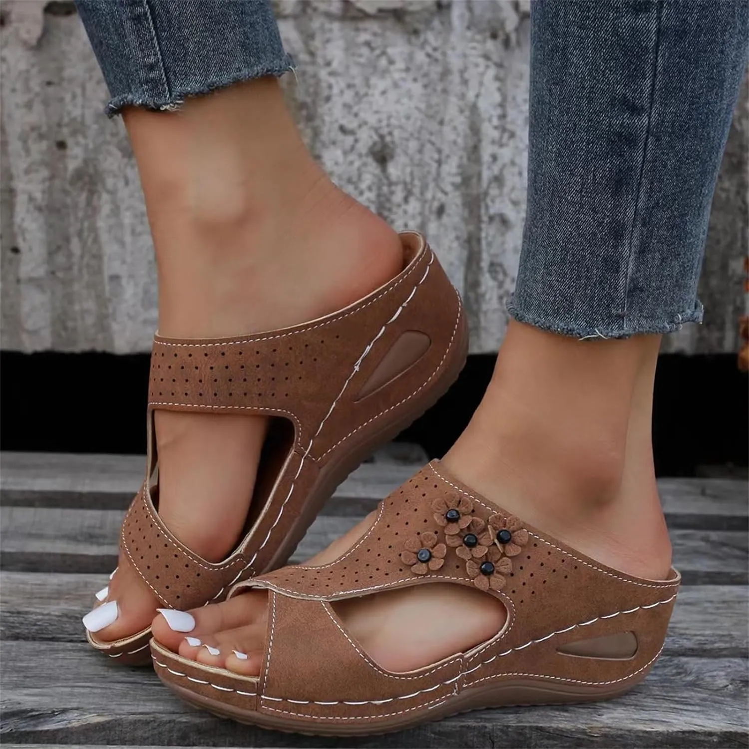 Sandals Women Comfortable Dressy Wedge Sandals Fashion Orthotic Slides Lightweight Athletic Slip On Orthopedic Slippers