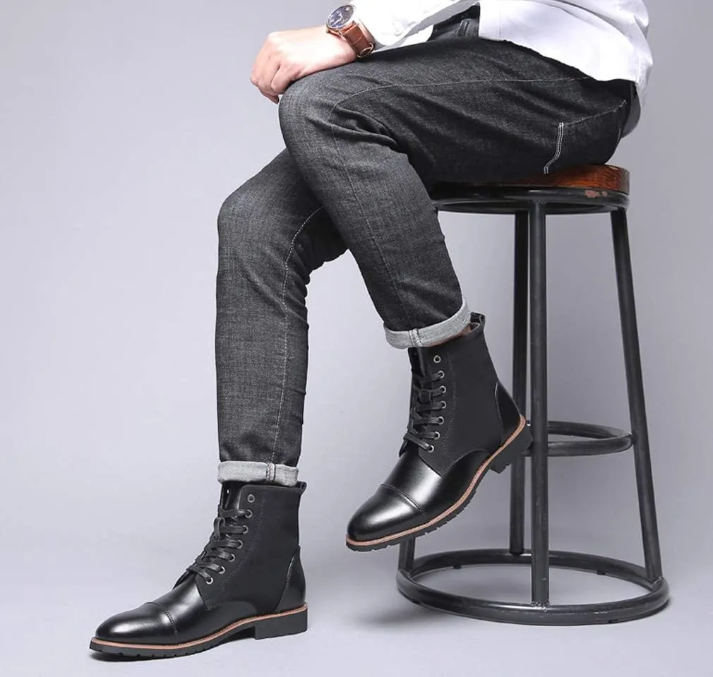 Santimon Mens Casual Leather Ankle Combat Chukka Boots Classic Cap Toe Waterproof Lace Up Work Oxfords Boots