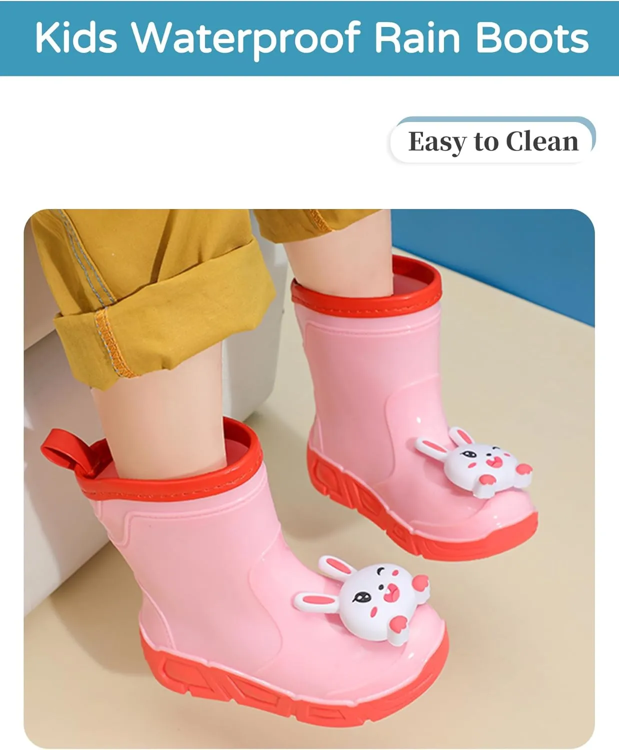 SEAUR Toddler Boys Girls Waterproof Rain Boots Child Soft Short Boots Water Shoes Easy-On Cozy Cute Animal Outdoor Rain Shoes