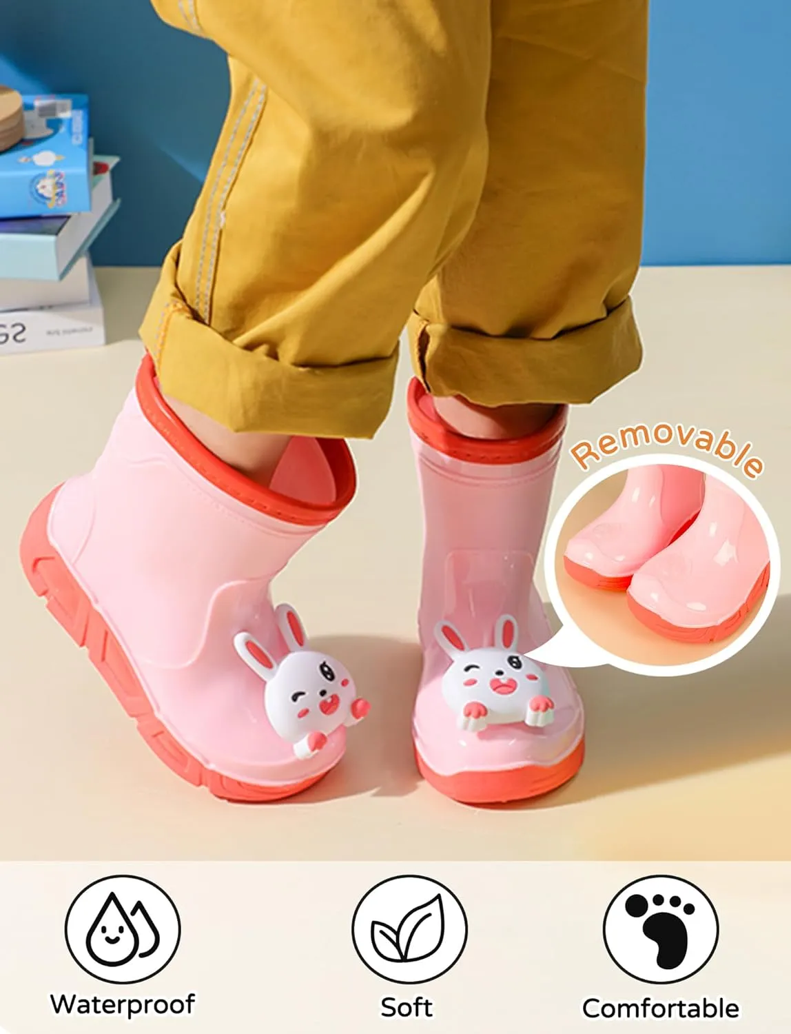 SEAUR Toddler Boys Girls Waterproof Rain Boots Child Soft Short Boots Water Shoes Easy-On Cozy Cute Animal Outdoor Rain Shoes