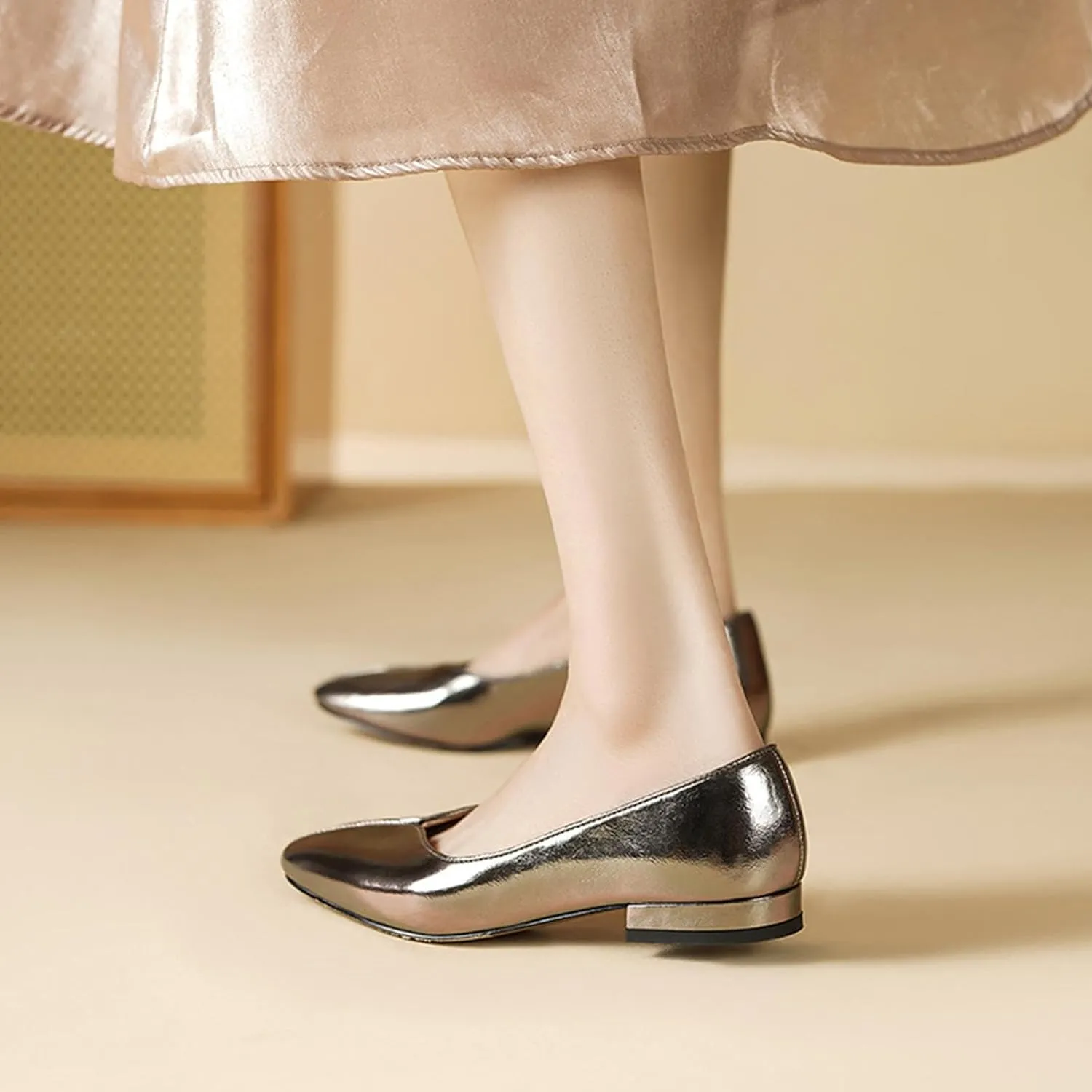 Silver Ballet Flats Shoes for Women,Metallic Peep Toe Low Heel Ballerina Shoes,Slip on Trendy Casual Comfortable Work Daily Dress Pumps Shoes