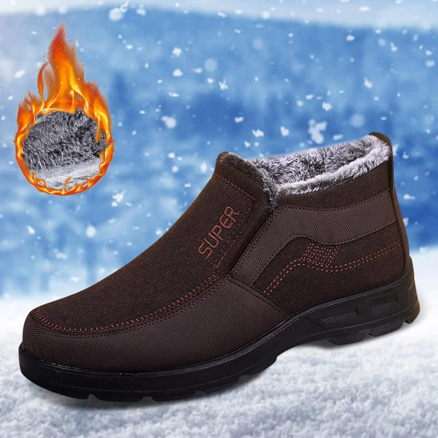 Snow Boots for Men Warm Faux Furry Lined Footwear Waterproof Outdoor Lightweight Winter Boots Slip on Ankle Booties Non-slip Hiking Boot Trekking Boots