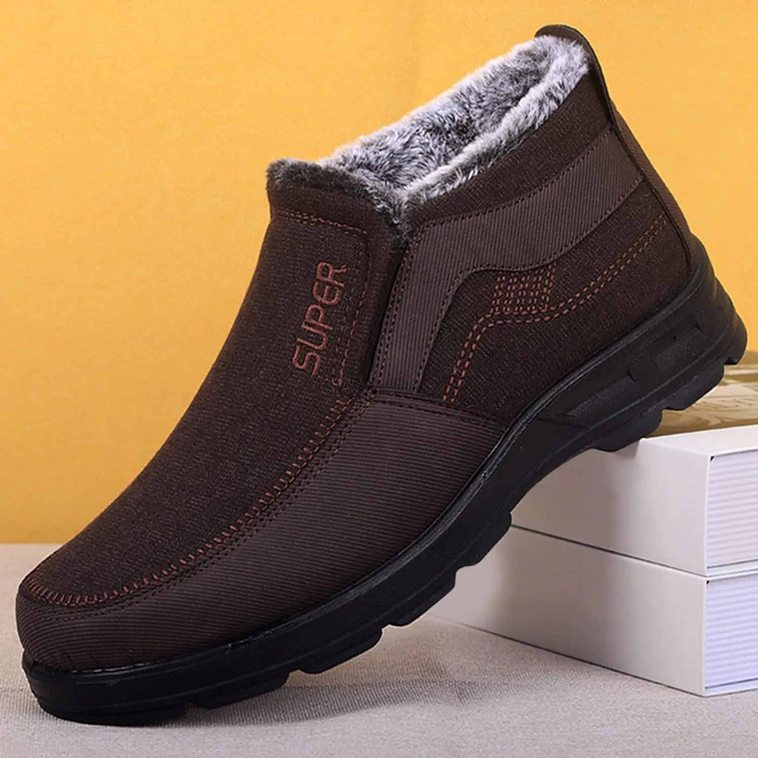 Snow Boots for Men Warm Faux Furry Lined Footwear Waterproof Outdoor Lightweight Winter Boots Slip on Ankle Booties Non-slip Hiking Boot Trekking Boots