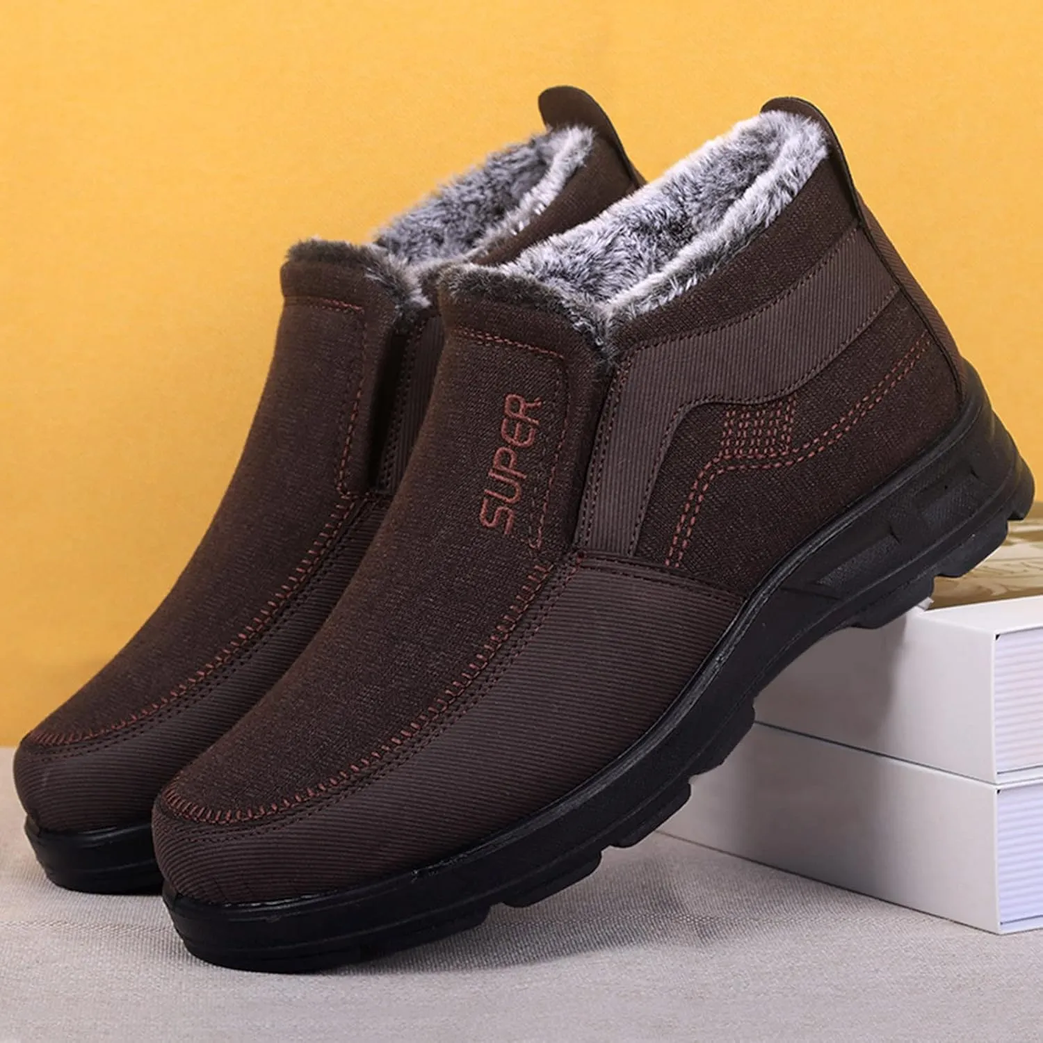 Snow Boots for Men Warm Faux Furry Lined Footwear Waterproof Outdoor Lightweight Winter Boots Slip on Ankle Booties Non-slip Hiking Boot Trekking Boots