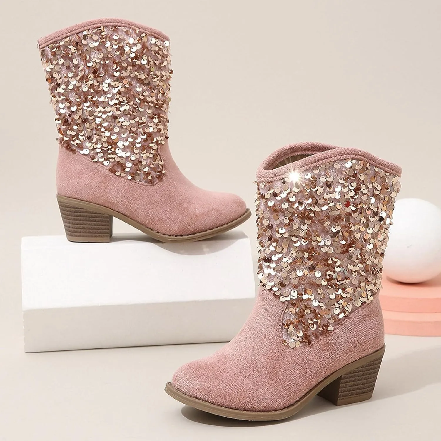 Sparkly Girls Cowboy Boots Dress Boot Pointed Toes Low Heel Mid Calf Zipper Boots Non Slip Ankle Boots