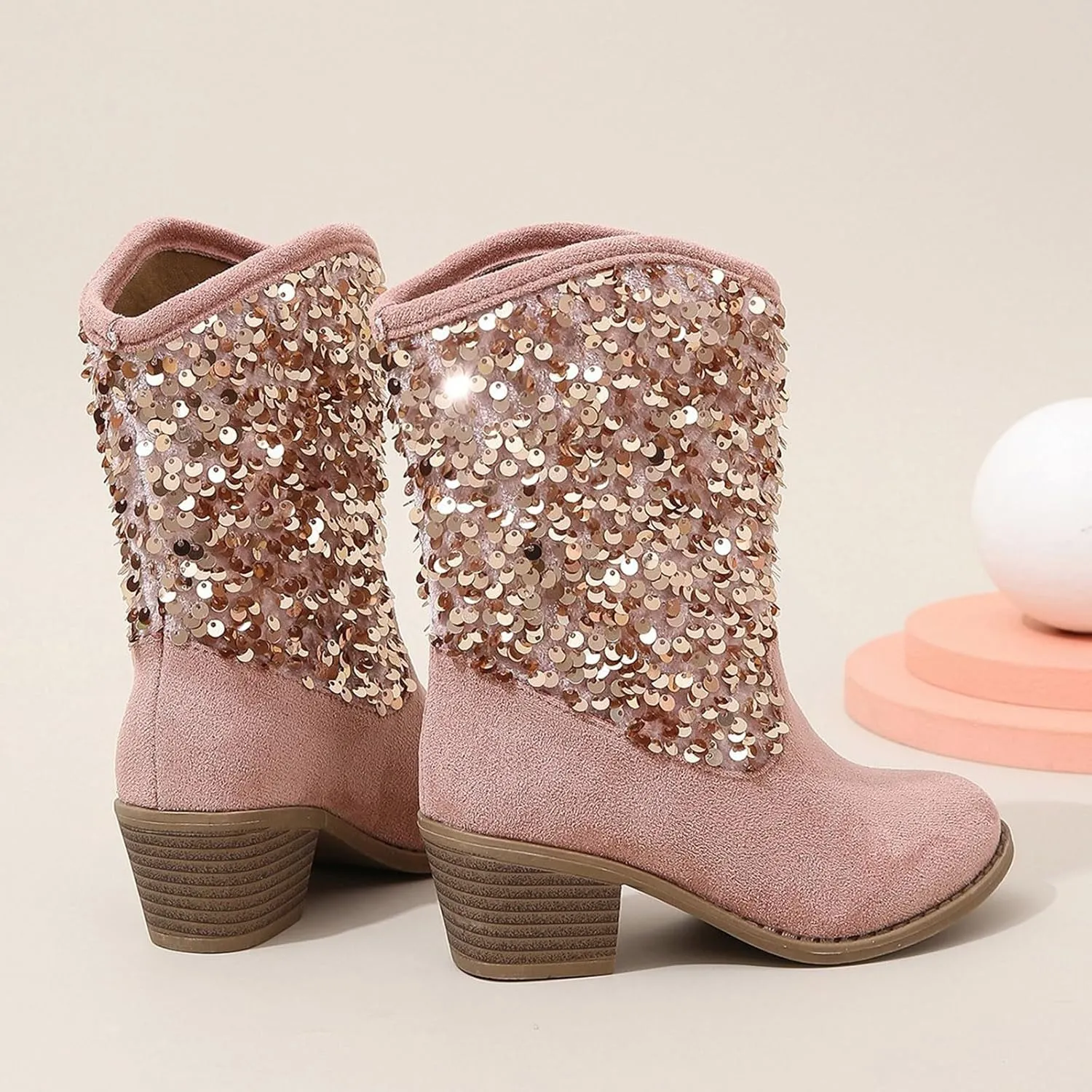 Sparkly Girls Cowboy Boots Dress Boot Pointed Toes Low Heel Mid Calf Zipper Boots Non Slip Ankle Boots