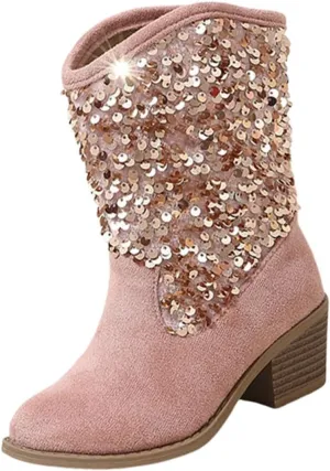Sparkly Girls Cowboy Boots Dress Boot Pointed Toes Low Heel Mid Calf Zipper Boots Non Slip Ankle Boots