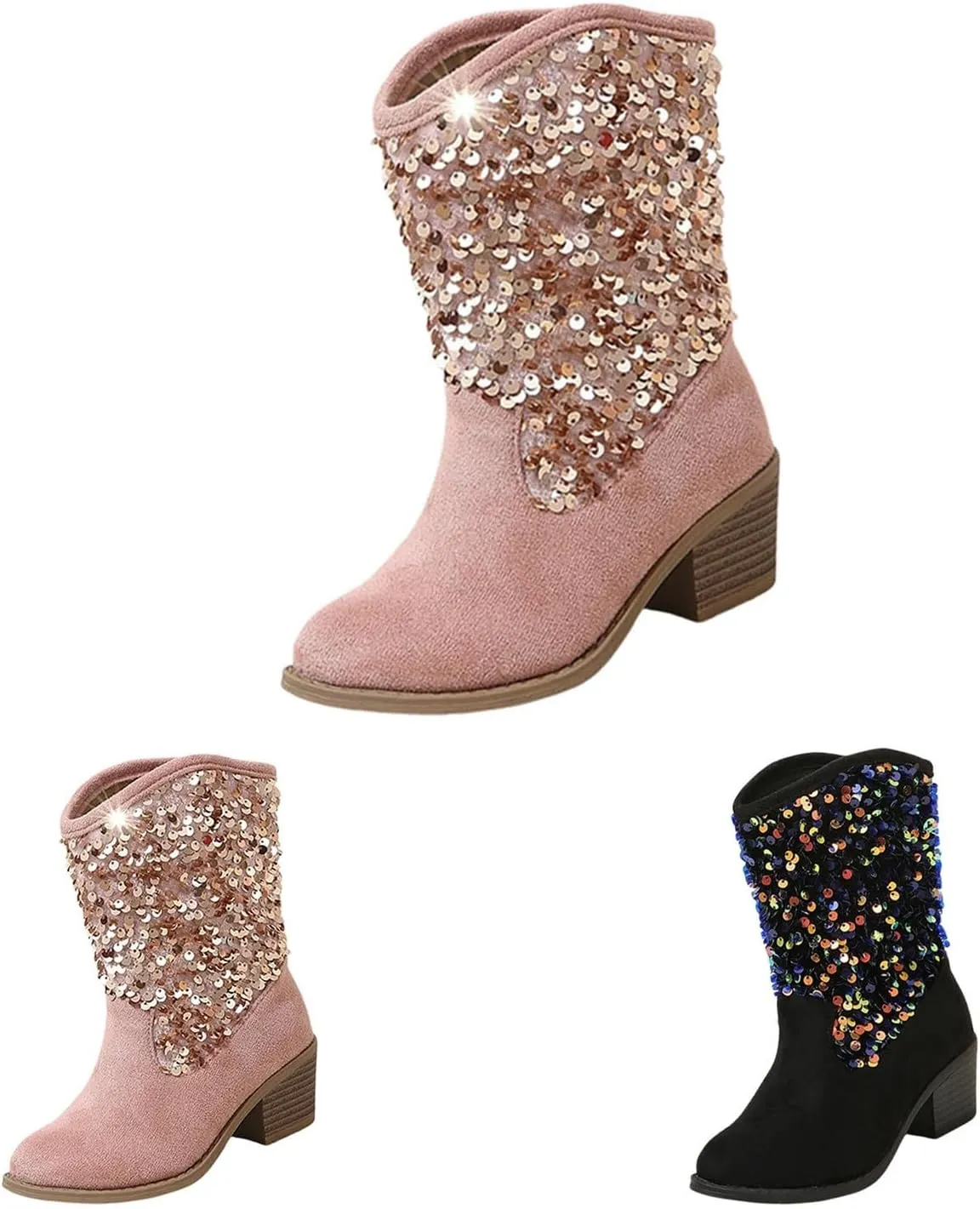Sparkly Girls Cowboy Boots Dress Boot Pointed Toes Low Heel Mid Calf Zipper Boots Non Slip Ankle Boots
