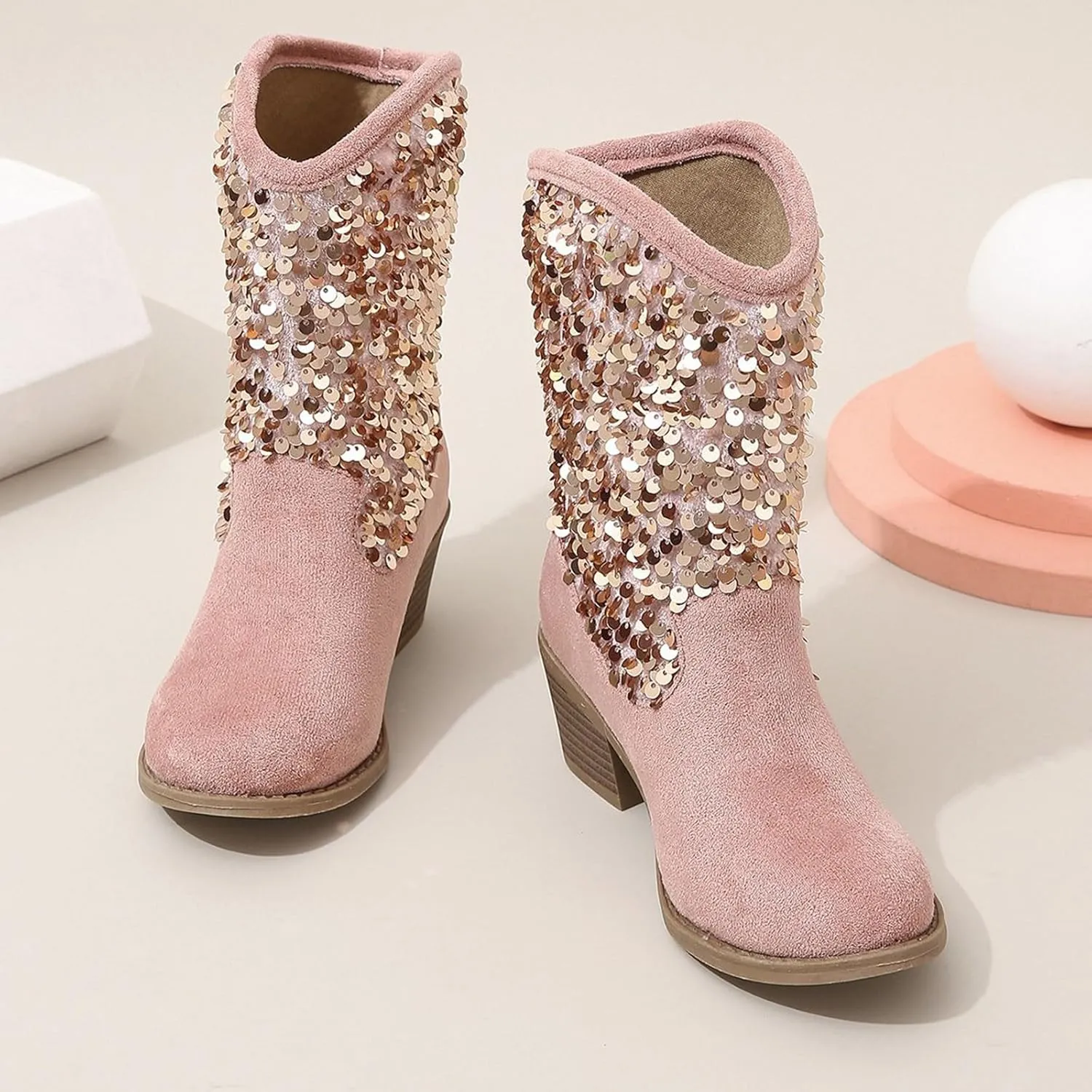 Sparkly Girls Cowboy Boots Dress Boot Pointed Toes Low Heel Mid Calf Zipper Boots Non Slip Ankle Boots