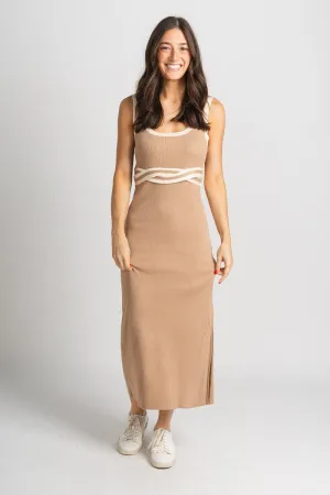 Square neck midi dress tan