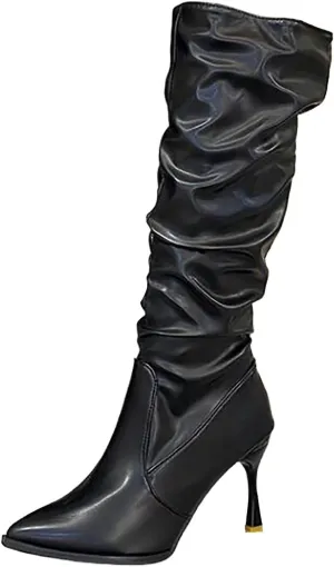 Stiletto High Heel Knee High Boots for Women,Pointed Toe Slouchy Ruched Wide Calf Boots Water Proof Leather Winter High Heels for Women Casual Night Out Club Party