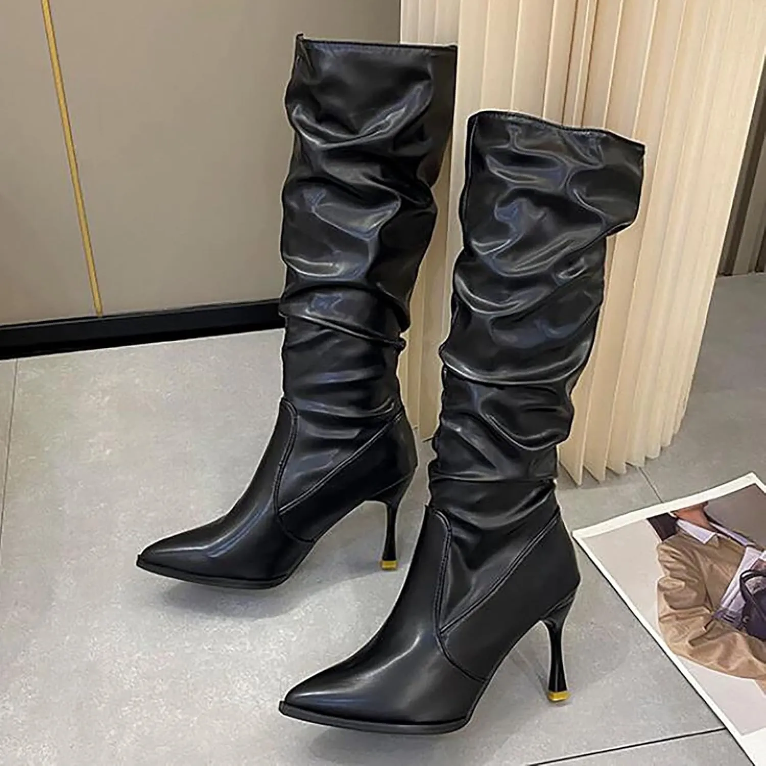 Stiletto High Heel Knee High Boots for Women,Pointed Toe Slouchy Ruched Wide Calf Boots Water Proof Leather Winter High Heels for Women Casual Night Out Club Party