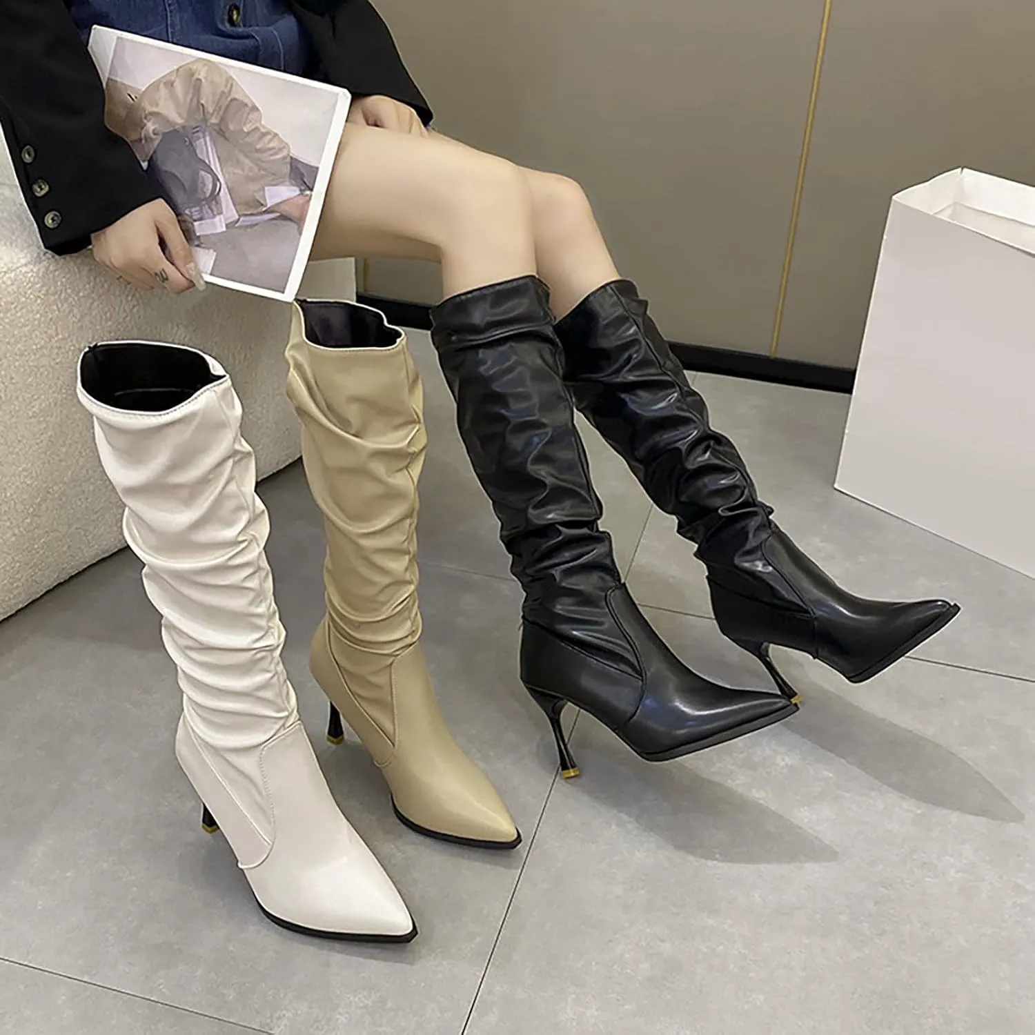 Stiletto High Heel Knee High Boots for Women,Pointed Toe Slouchy Ruched Wide Calf Boots Water Proof Leather Winter High Heels for Women Casual Night Out Club Party