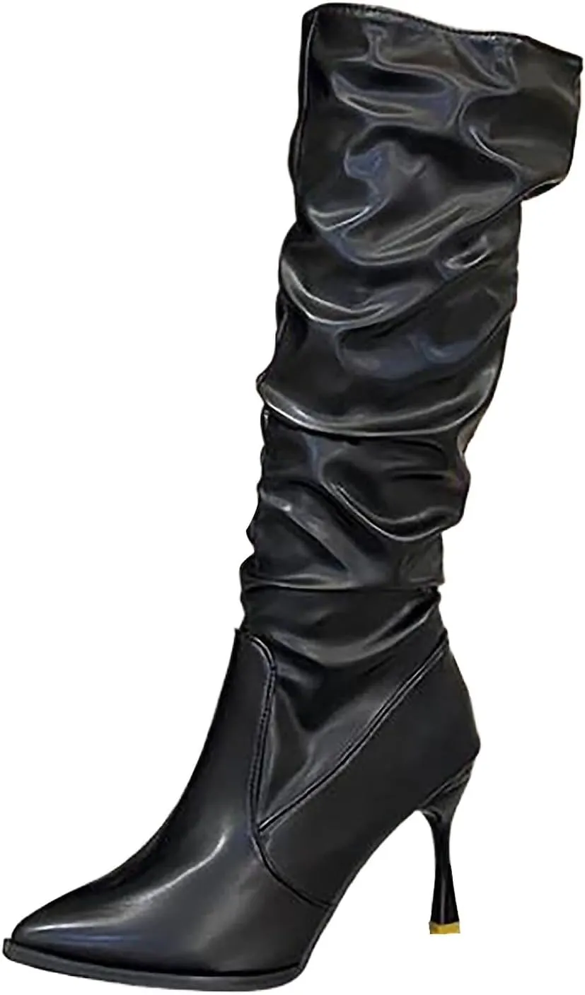 Stiletto High Heel Knee High Boots for Women,Pointed Toe Slouchy Ruched Wide Calf Boots Water Proof Leather Winter High Heels for Women Casual Night Out Club Party