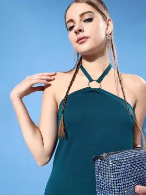Style Quotient Women Teal Blue Halter Neck Sheath Midi Dress