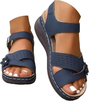Summer Sandals for Women 2025 Dressy Orthopedic Strappy Arch Support Flat Wedge Sandals Walking Women Open Toe Ankle Strap Comfortable Platform Slip-On Shoe for Vacation Summer Beach Party Wedding