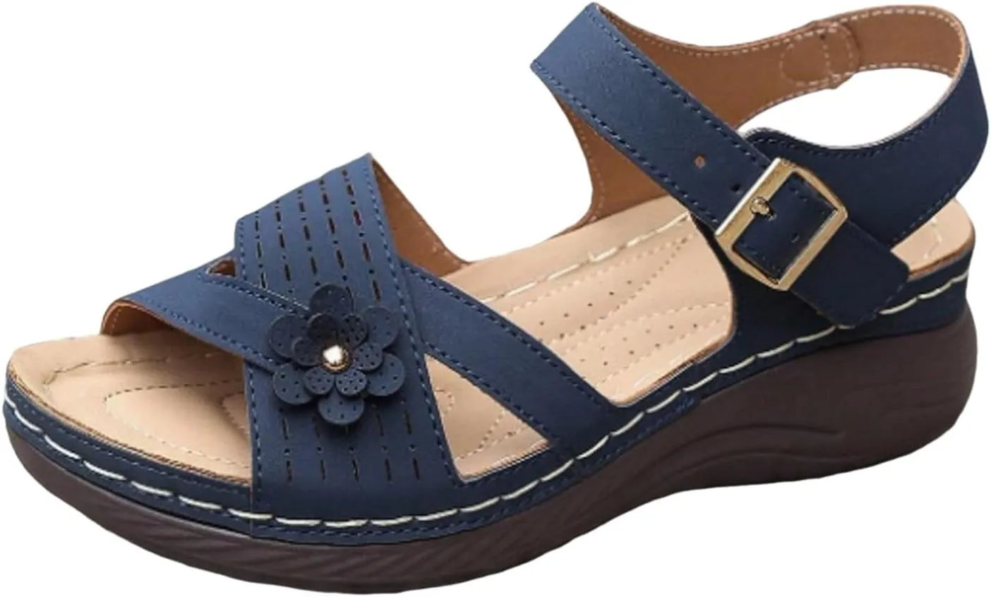Summer Sandals for Women 2025 Dressy Orthopedic Strappy Arch Support Flat Wedge Sandals Walking Women Open Toe Ankle Strap Comfortable Platform Slip-On Shoe for Vacation Summer Beach Party Wedding