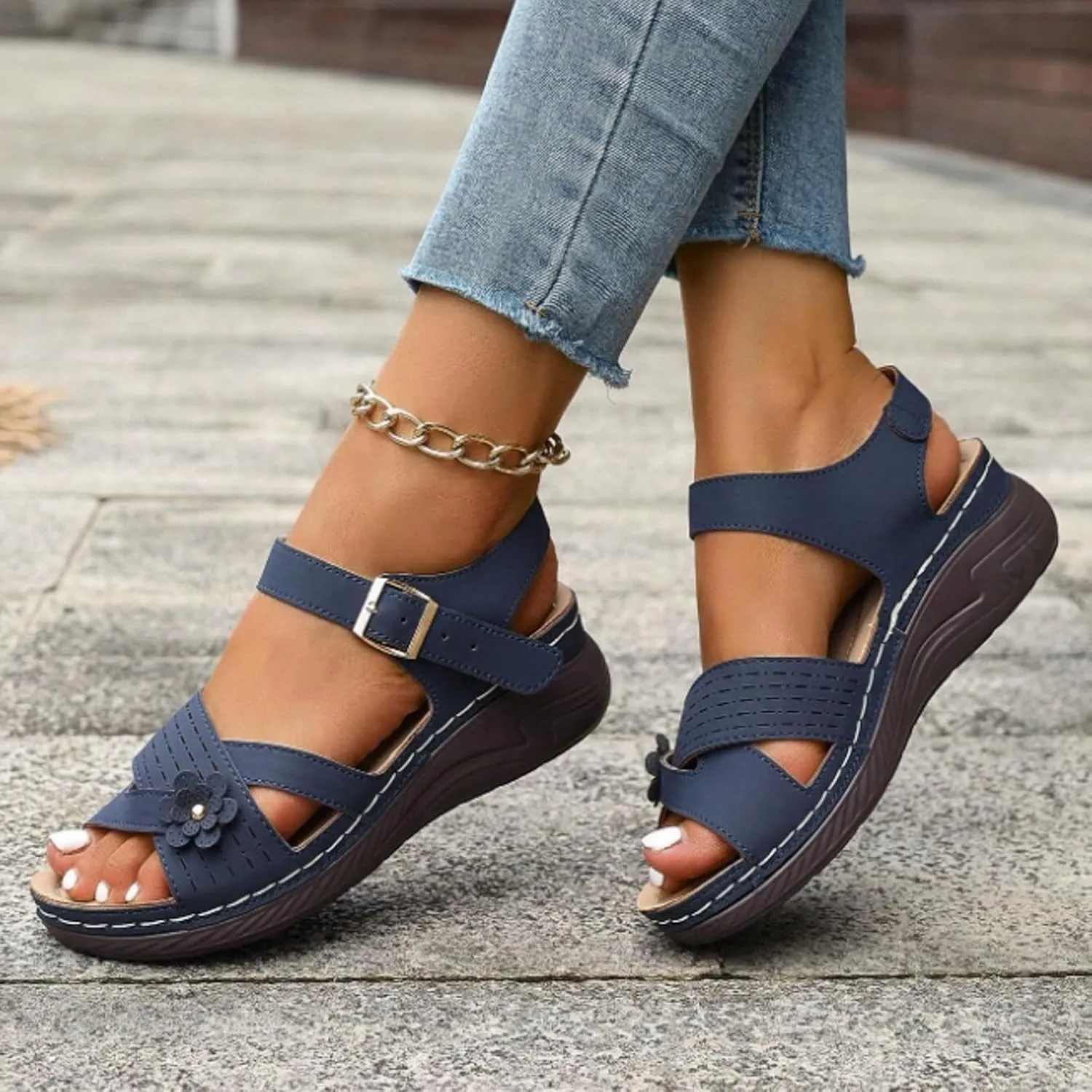 Summer Sandals for Women 2025 Dressy Orthopedic Strappy Arch Support Flat Wedge Sandals Walking Women Open Toe Ankle Strap Comfortable Platform Slip-On Shoe for Vacation Summer Beach Party Wedding
