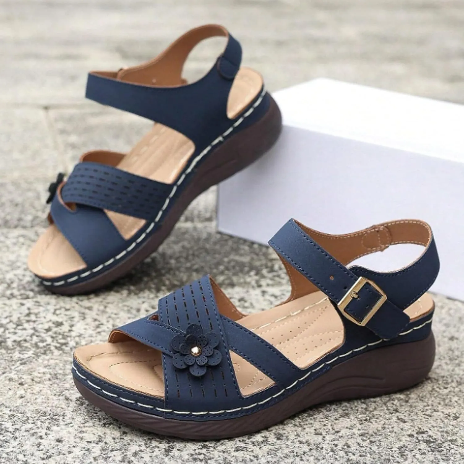 Summer Sandals for Women 2025 Dressy Orthopedic Strappy Arch Support Flat Wedge Sandals Walking Women Open Toe Ankle Strap Comfortable Platform Slip-On Shoe for Vacation Summer Beach Party Wedding