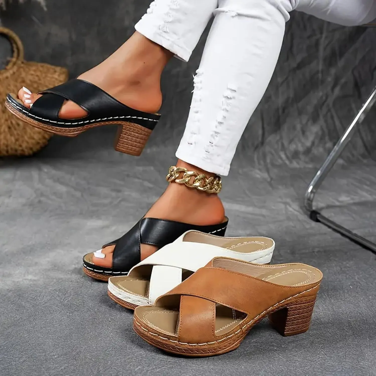 Summer Sandals for Women 2025 Women's Solid Color Chunky Heel Sandal Slip on Open Toe Comfortable Heeled Mules Womens Shoes Wedges for Long Walk Casual Shoe Dressy
