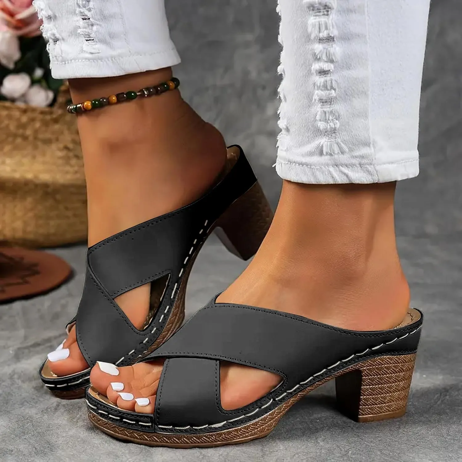 Summer Sandals for Women 2025 Women's Solid Color Chunky Heel Sandal Slip on Open Toe Comfortable Heeled Mules Womens Shoes Wedges for Long Walk Casual Shoe Dressy