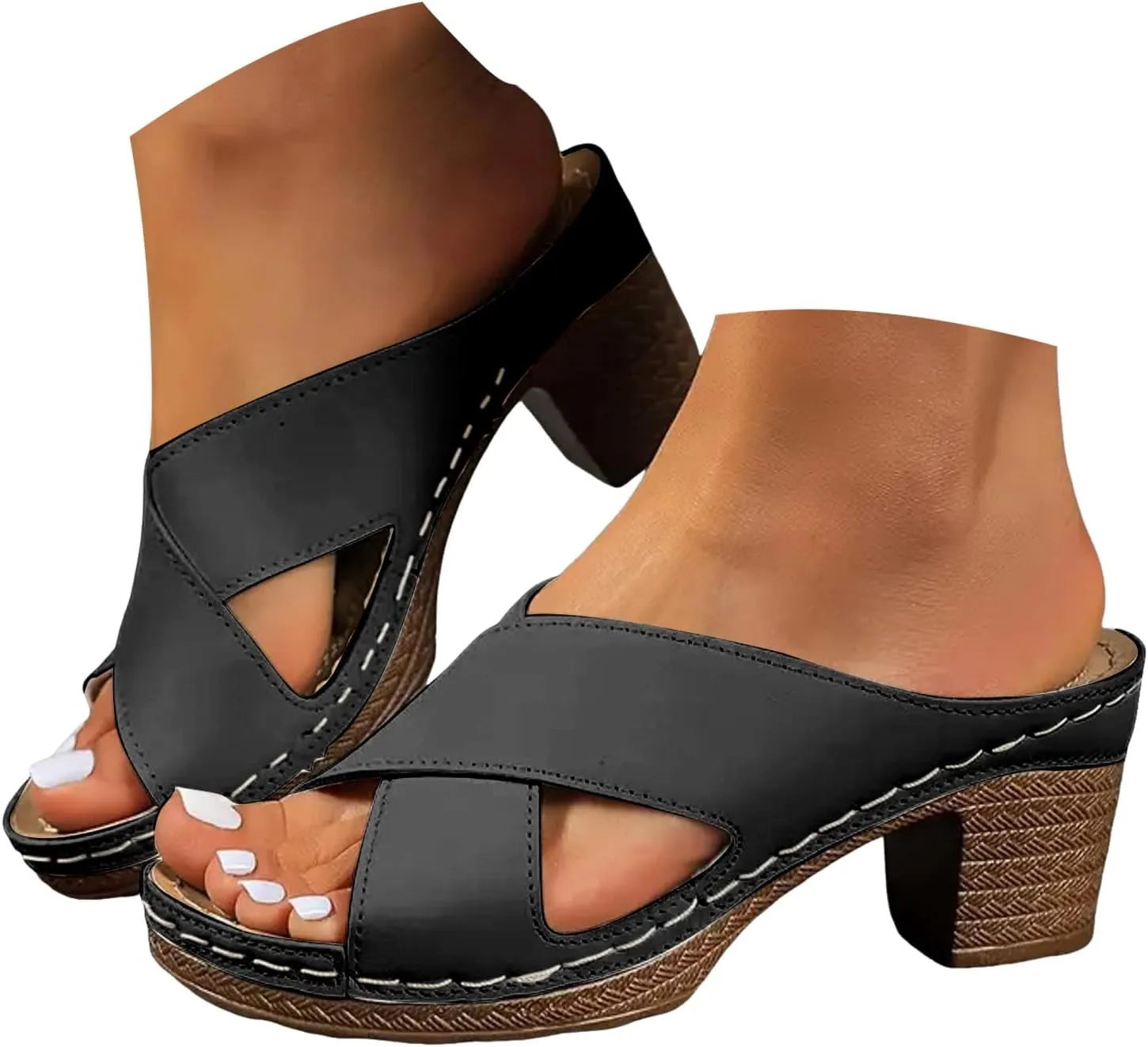 Summer Sandals for Women 2025 Women's Solid Color Chunky Heel Sandal Slip on Open Toe Comfortable Heeled Mules Womens Shoes Wedges for Long Walk Casual Shoe Dressy