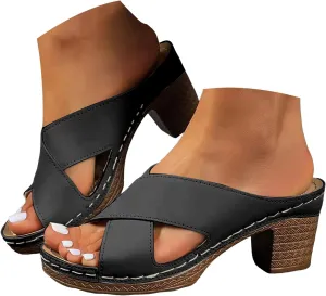 Summer Sandals for Women 2025 Women's Solid Color Chunky Heel Sandal Slip on Open Toe Comfortable Heeled Mules Womens Shoes Wedges for Long Walk Casual Shoe Dressy