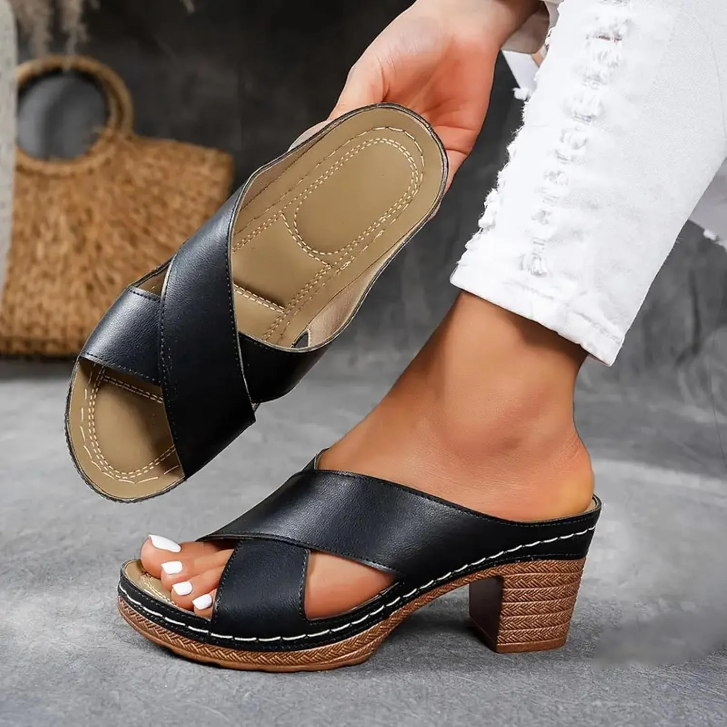 Summer Sandals for Women 2025 Women's Solid Color Chunky Heel Sandal Slip on Open Toe Comfortable Heeled Mules Womens Shoes Wedges for Long Walk Casual Shoe Dressy