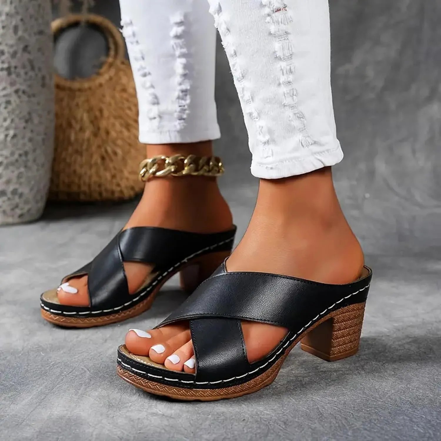 Summer Sandals for Women 2025 Women's Solid Color Chunky Heel Sandal Slip on Open Toe Comfortable Heeled Mules Womens Shoes Wedges for Long Walk Casual Shoe Dressy