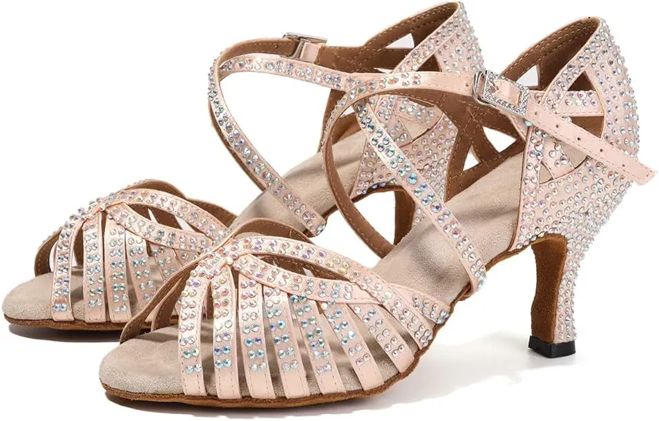 SWDZM Women's Ballroom Dance Shoes Rhinestone Latin Salsa Heeled Party Dance Shoes,Model L379