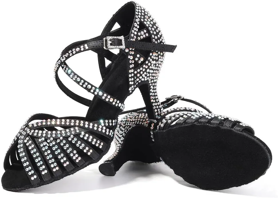 SWDZM Women's Ballroom Dance Shoes Rhinestone Latin Salsa Heeled Party Dance Shoes,Model L379