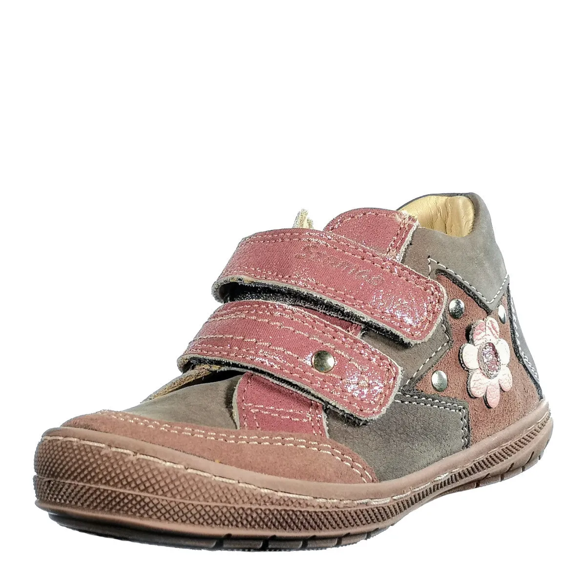 Szamos kid girl sneakers grey with pink sole and velcro straps flower in star decor toddler/little kid size