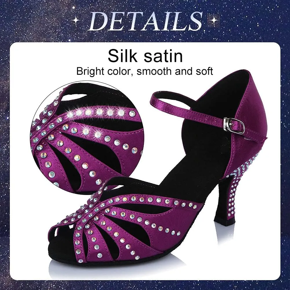 TINRYMX Satin Silk Latin Dance Shoes High Heel Rhinestone Ballroom Dance Shoes for Women,Model AF-435