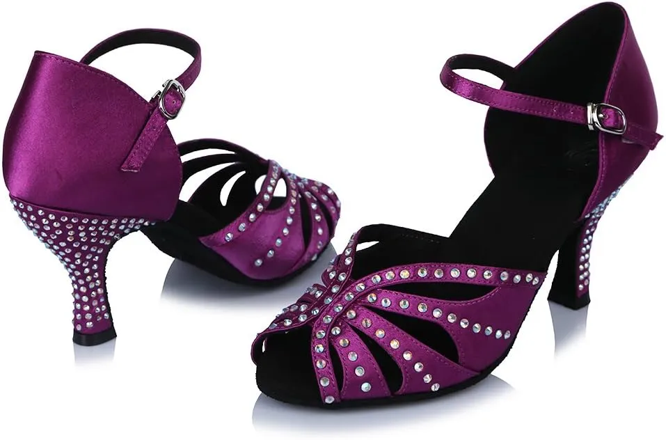 TINRYMX Satin Silk Latin Dance Shoes High Heel Rhinestone Ballroom Dance Shoes for Women,Model AF-435