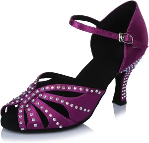 TINRYMX Satin Silk Latin Dance Shoes High Heel Rhinestone Ballroom Dance Shoes for Women,Model AF-435