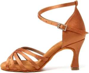 TINRYMX Women's Latin Dance Shoes Satin Ballroom Salsa Cha-cha Professional Practice Dance Shoes,WZSP-802QB-Brown-2.76 Inch,6.5 US