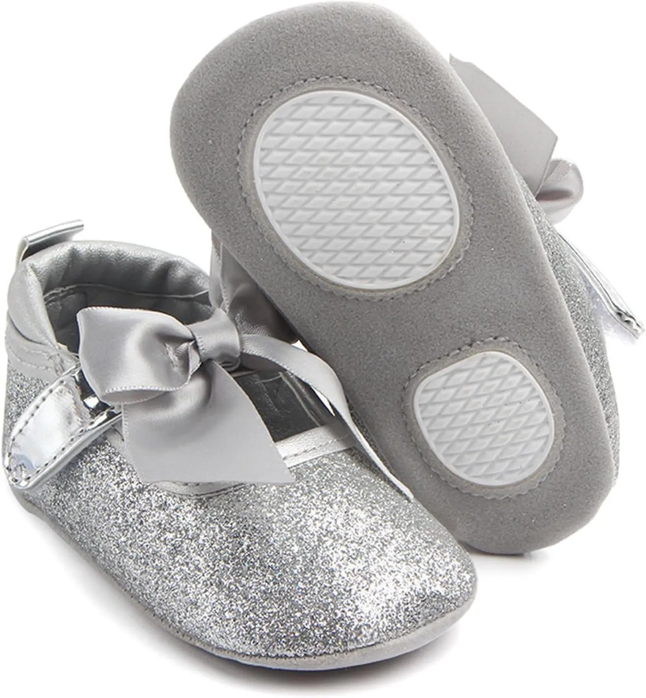 Toddler Baby Girls Mary Jane Flat Shoes Sparkly Bowknot Princess Non-Slip Lightweight First Walking Dress Shoes