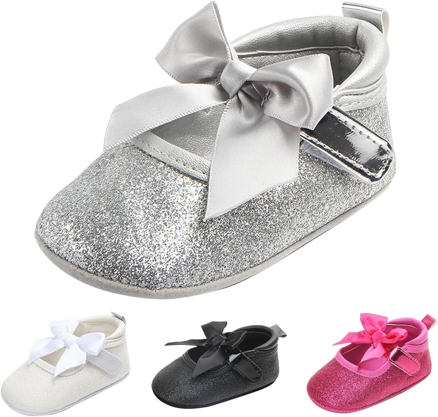 Toddler Baby Girls Mary Jane Flat Shoes Sparkly Bowknot Princess Non-Slip Lightweight First Walking Dress Shoes