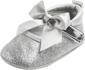 Toddler Baby Girls Mary Jane Flat Shoes Sparkly Bowknot Princess Non-Slip Lightweight First Walking Dress Shoes