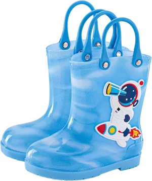 Toddler Kids Rain Boots with Easy On Handles Boys Girls artoon Designs Easy Pull Rubber Sole Water Proof Shoes