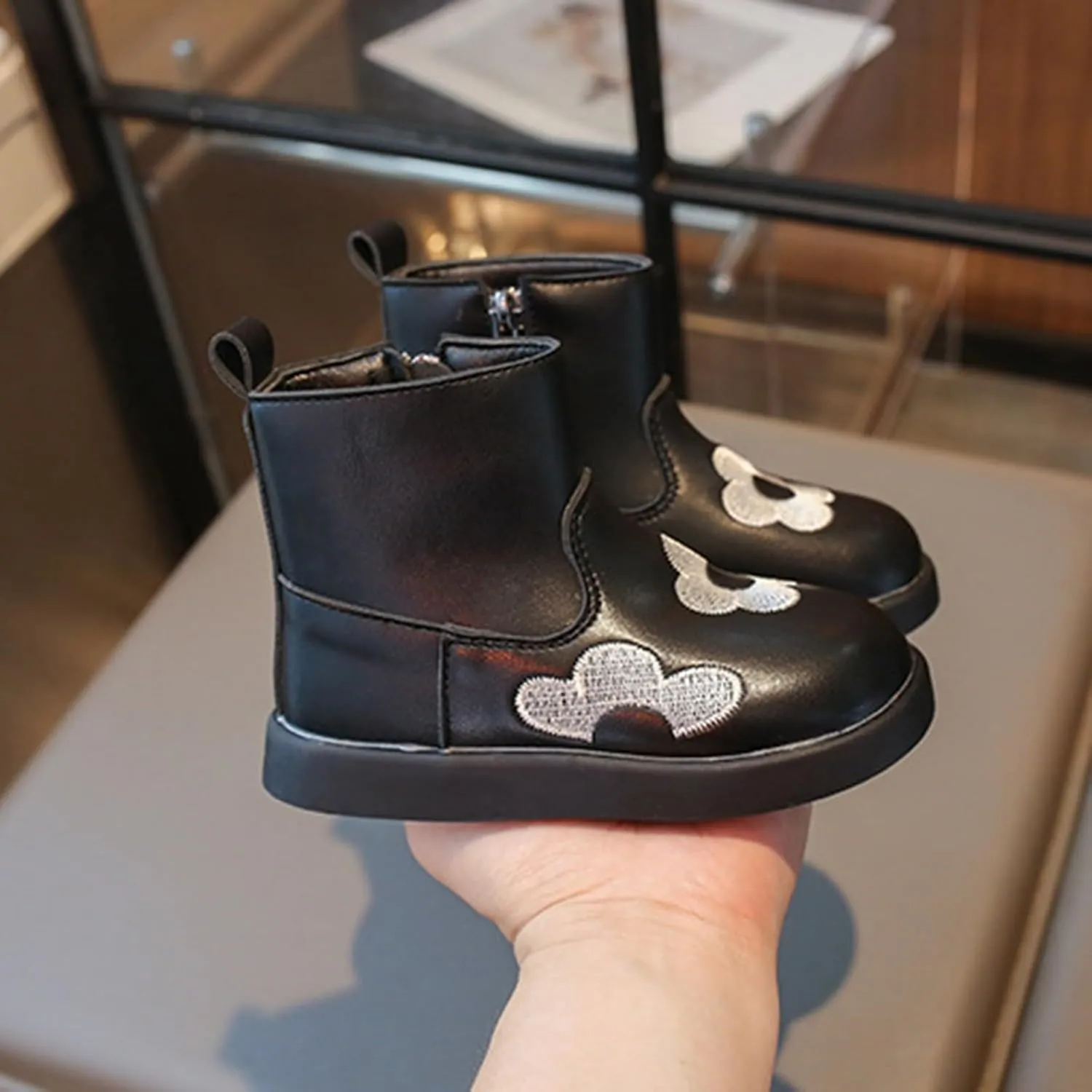 Toddler/Little Girls Short Ankle Boots Kids Flower Embroidery Side Zipper Dress Booties Casual School Flat Shoes