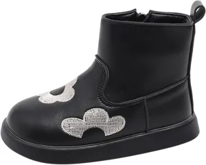 Toddler/Little Girls Short Ankle Boots Kids Flower Embroidery Side Zipper Dress Booties Casual School Flat Shoes