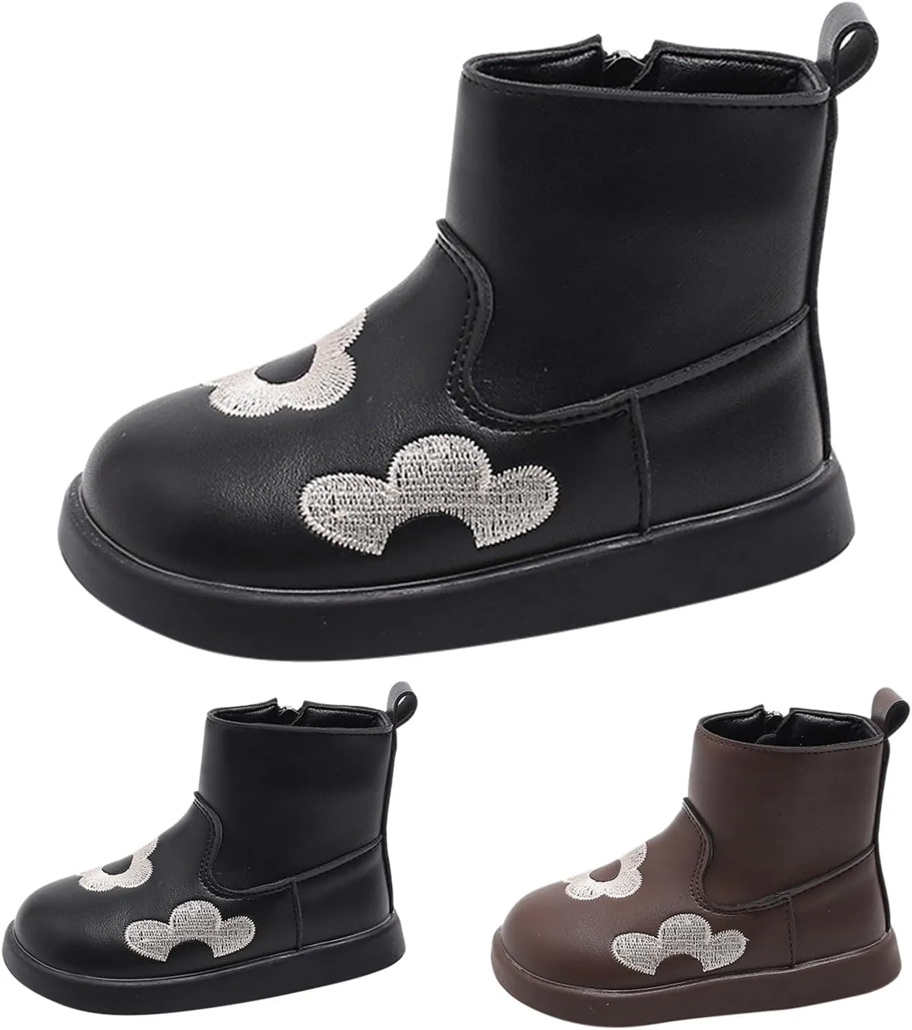 Toddler/Little Girls Short Ankle Boots Kids Flower Embroidery Side Zipper Dress Booties Casual School Flat Shoes