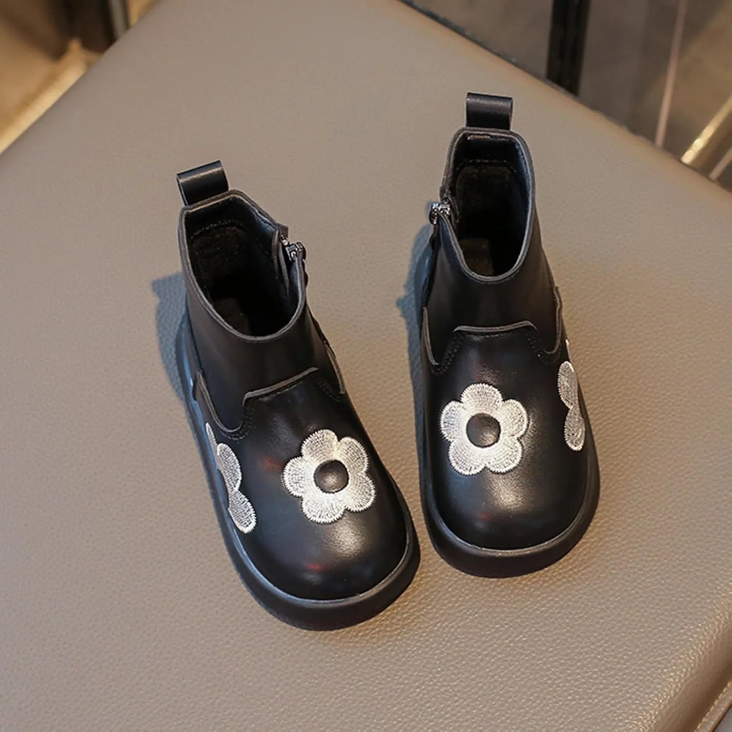Toddler/Little Girls Short Ankle Boots Kids Flower Embroidery Side Zipper Dress Booties Casual School Flat Shoes