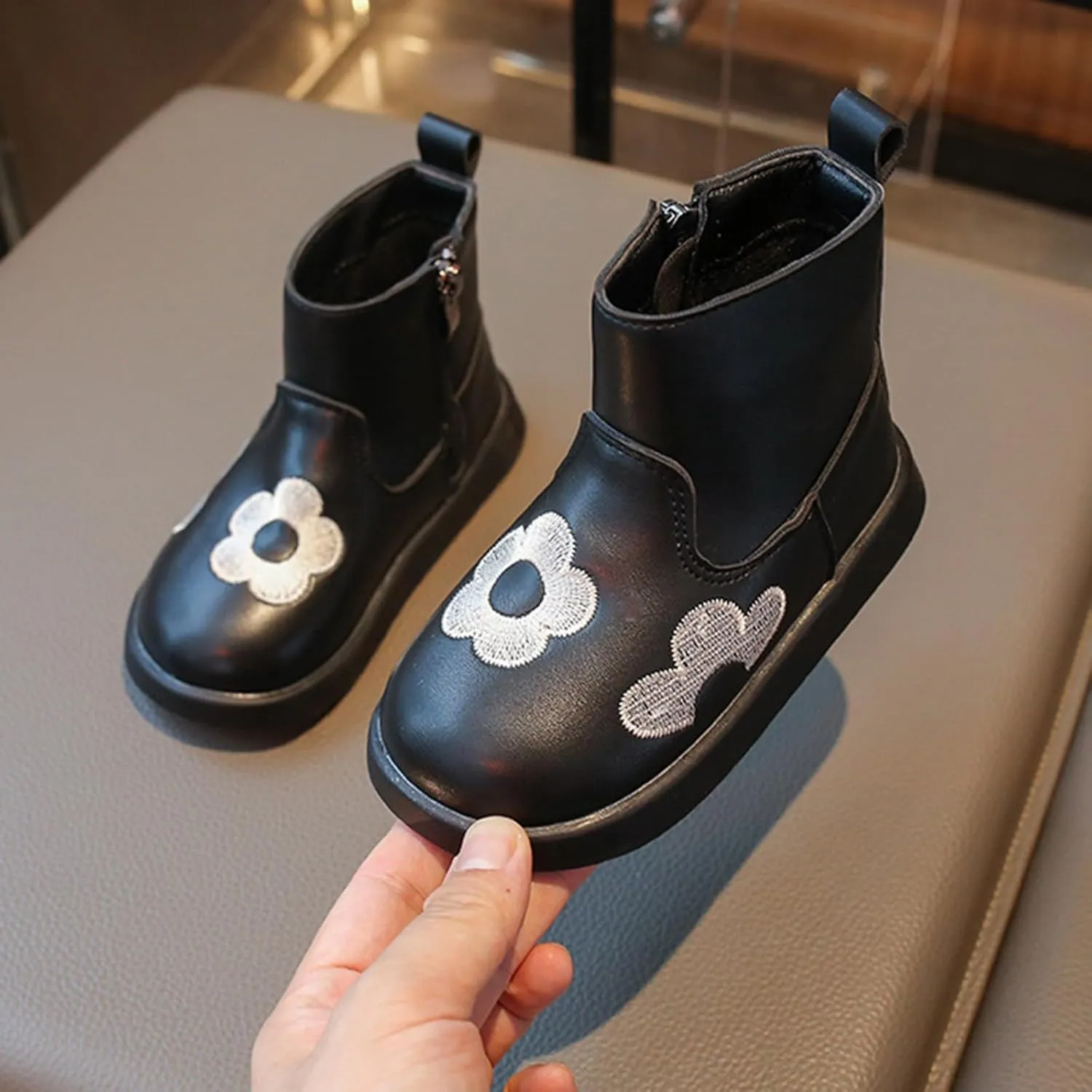 Toddler/Little Girls Short Ankle Boots Kids Flower Embroidery Side Zipper Dress Booties Casual School Flat Shoes
