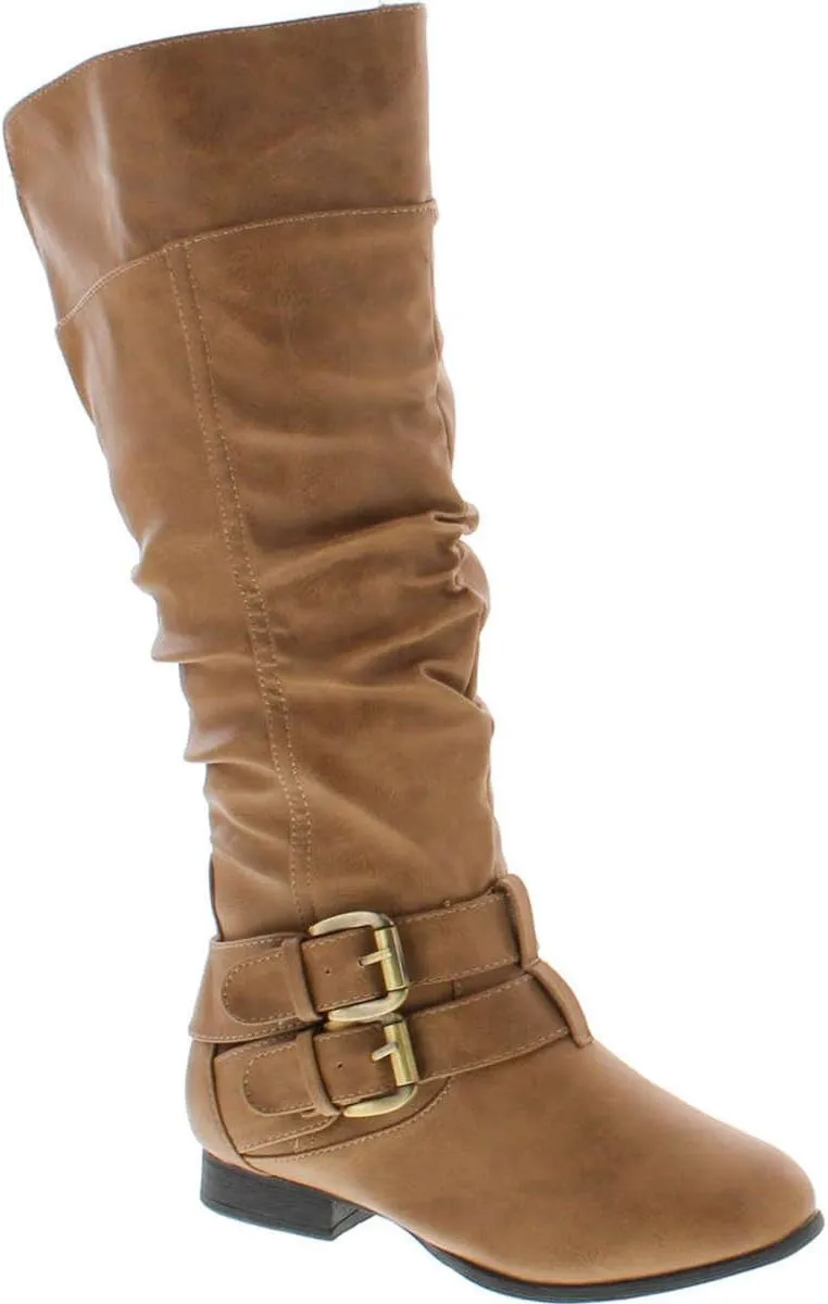 TOP Moda Womens Coco-20 Knee High Round Toe Buckle Slouched Riding Flat Boots
